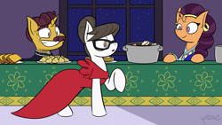 Size: 1280x720 | Tagged: safe, artist:inkshowdude, derpibooru import, coriander cumin, raven, saffron masala, canterlot, canterlot castle, fanfic art, glasses, grand galloping gala, hair bun, red dress