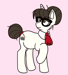 Size: 948x1050 | Tagged: safe, artist:inked-dee, derpibooru import, raven, pony, unicorn, ascot, eye clipping through hair, female, full body, glasses, hair bun, hooves, mare, messy mane, no pupils, pink background, raised hoof, raised leg, simple background, smiling, solo, standing, tail