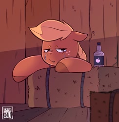 Size: 1134x1164 | Tagged: safe, artist:raph13th, derpibooru import, applejack, earth pony, pony, alcohol, barn, bottle, crying, hatless, hay, missing accessory, sad, solo, unhapplejack, whiskey