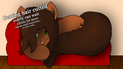 Size: 1920x1080 | Tagged: safe, artist:puginpocket, derpibooru import, oc, oc:scarfy bat-heart, earth pony, brown coat, brown mane, ears up, earth pony oc, female, green eyes, happy, lazy, long mane, lying down, mare, sleepy, solo, text