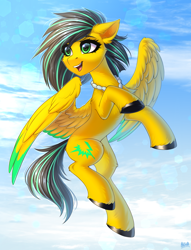 Size: 2900x3800 | Tagged: safe, artist:hakaina, derpibooru import, oc, oc only, oc:lightning bug, pegasus, fanfic:song of seven, black mane, clothes, cyan eyes, flying, full body, hooves, jewelry, necklace, pegasus oc, raised hoof, raised leg, simple background, sky, smiling, solo, spread wings, striped mane, wings