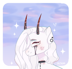 Size: 758x729 | Tagged: safe, artist:fenix-artist, derpibooru import, oc, oc only, pony, base used, bust, choker, cyrillic, ear piercing, earring, female, horns, jewelry, makeup, mare, piercing, running makeup, russian, smiling, solo