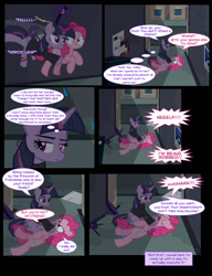 Size: 1042x1358 | Tagged: safe, artist:dendoctor, derpibooru import, mean twilight sparkle, pinkie pie, twilight sparkle, twilight sparkle (alicorn), alicorn, earth pony, pony, comic:clone.., alternate universe, clone, clothes, comic, female, glowing, glowing horn, horn, injured, magic, pinkie clone, rain