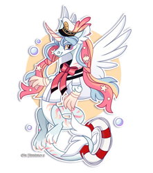 Size: 2001x2267 | Tagged: safe, artist:gkolae, derpibooru import, oc, oc only, draconequus, abstract background, clothes, draconequus oc, ethereal mane, hat, sailor hat, sailor uniform, simple background, smiling, solo, starry mane, uniform, white background