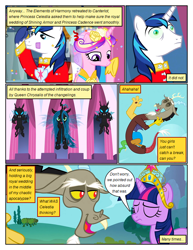 Size: 612x792 | Tagged: safe, derpibooru import, edit, edited screencap, screencap, discord, princess cadance, queen chrysalis, shining armor, twilight sparkle, alicorn, changeling, changeling queen, dragon, pony, comic:friendship is dragons, a canterlot wedding, keep calm and flutter on, big crown thingy, bust, clothes, comic, element of magic, eyelashes, female, jewelry, laughing, male, mare, mind control, regalia, salute, screencap comic, stallion, unshorn fetlocks, wide eyes
