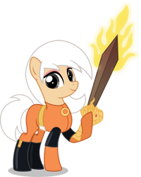 Size: 799x1000 | Tagged: safe, artist:swiftgaiathebrony, derpibooru import, oc, oc only, earth pony, pony, drew saturday, female, flaming sword, hoof hold, looking at you, mare, simple background, smiling, smiling at you, solo, sword, the secret saturdays, transparent background, weapon
