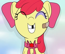 Size: 1200x1000 | Tagged: safe, artist:datte-before-dawn, apple bloom, earth pony, pony, bandaid, black eye, eye clipping through hair, eyes closed, female, filly, foal, missing teeth, necktie, smiling, solo