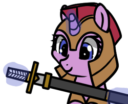 Size: 333x272 | Tagged: safe, artist:neuro, derpibooru import, oc, oc only, pony, unicorn, armor, female, glowing, glowing horn, guardsmare, helmet, horn, katana, levitation, magic, mare, royal guard, scabbard, simple background, smiling, solo, sword, telekinesis, transparent background, unicorn oc, weapon