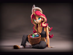 Size: 8000x6000 | Tagged: safe, artist:imafutureguitarhero, derpibooru import, sunset shimmer, anthro, hybrid, original species, rabbit, unguligrade anthro, unicorn, art pack:eggy easter 2022, 3d, 4:3, absurd resolution, animal, arm fluff, arm freckles, basket, black bars, body freckles, bunnified, bunny ears, cargo pants, cheek fluff, chromatic aberration, clothes, cloven hooves, colored eyebrows, colored eyelashes, ear fluff, ears, easter, easter basket, easter egg, egg, female, film grain, floppy ears, fluffy, fluffy mane, freckles, fur, holiday, hoof fluff, horn, leg wraps, long hair, long mane, mare, multicolored hair, multicolored mane, multicolored tail, nose wrinkle, paintover, pants, peppered bacon, rabbit pony, revamped anthros, revamped ponies, short shirt, signature, sitting, solo, source filmmaker, species swap, sunset shimmer is not amused, tail, tanktop, unamused, unshorn fetlocks, wall of tags, whiskers