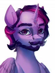 Size: 3072x4096 | Tagged: safe, artist:annna markarova, derpibooru import, twilight sparkle, twilight sparkle (alicorn), alicorn, pony, beard, bust, facial hair, looking at you, male, moustache, rule 63, simple background, solo, white background