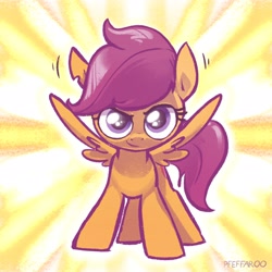 Size: 2048x2048 | Tagged: safe, artist:pfeffaroo, derpibooru import, scootaloo, pegasus, pony, ears, female, filly, floppy ears, foal, looking at you, motion lines, solo, spread wings, wings