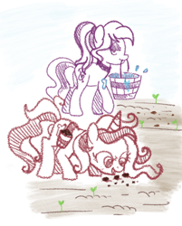 Size: 568x707 | Tagged: safe, artist:redpalette, derpibooru import, oc, oc only, oc:red palette, oc:violet ray, earth pony, pony, unicorn, bedroom eyes, bucket, butt, duo, earth pony oc, farm, horn, plant, plot, seeds, sketch, unicorn oc, working