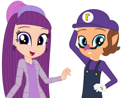 Size: 1233x999 | Tagged: safe, artist:leah2007, artist:user15432, derpibooru import, human, equestria girls, barely eqg related, base used, clothes, crossover, dress, duo, ear piercing, earring, equestria girls style, equestria girls-ified, gloves, hand on hip, jewelry, looking at you, open mouth, overalls, piercing, purple dress, rainbow high, shirt, simple background, super mario bros., sweater, undershirt, violet willow, waluigi, waluigi's hat, white background