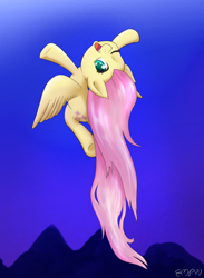 Size: 880x1200 | Tagged: safe, artist:empyu, derpibooru import, fluttershy, pegasus, pony, flying, looking at you, looking back, looking back at you, one eye closed, open mouth, open smile, smiling, solo, upside down