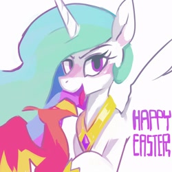 Size: 1250x1250 | Tagged: safe, artist:baigak, derpibooru import, philomena, princess celestia, alicorn, phoenix, pony, blushing, duo, easter, female, happy easter, holiday, mare, open mouth, open smile, simple background, smiling, spread wings, tongue, tongue out, white background, wings
