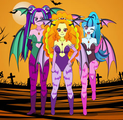 Size: 905x883 | Tagged: safe, artist:megatoon1234, derpibooru import, adagio dazzle, aria blaze, sonata dusk, bat, equestria girls, bat wings, blush sticker, blushing, boots, clothes, cosplay, costume, darkstalkers, gloves, grin, high heel boots, horn, jewelry, kisekae, necklace, one eye closed, open mouth, open smile, shoes, smiling, solo, the dazzlings, wings, wink