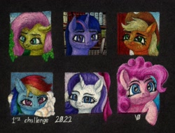 Size: 2478x1877 | Tagged: safe, artist:myzanil, derpibooru import, applejack, fluttershy, pinkie pie, rainbow dash, rarity, twilight sparkle, alicorn, earth pony, pegasus, pony, unicorn, barn, book, bookshelf, breaking the fourth wall, bust, cloud, colored pencil drawing, curtains, looking at you, looking to side, mane six, portrait, sky, smiling, text, traditional art, vine