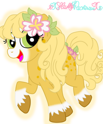 Size: 1024x1229 | Tagged: safe, artist:xxfluffypachirisuxx, derpibooru import, oc, oc only, oc:honey pie, earth pony, pony, coat markings, earth pony oc, female, hooves, mare, open mouth, open smile, raised hoof, raised leg, signature, simple background, smiling, solo, tail, transparent background, unshorn fetlocks