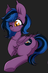 Size: 670x1008 | Tagged: artist needed, safe, derpibooru import, oc, oc:stormy night, bat pony, bat wings, butt, one eye closed, plot, wings