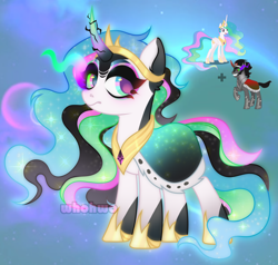 Size: 3056x2906 | Tagged: safe, artist:whohwo, derpibooru import, king sombra, princess celestia, oc, alicorn, pony, unicorn, base used, ethereal mane, eyelashes, female, glowing, glowing horn, hoof shoes, horn, mare, offspring, parent:king sombra, parent:princess celestia, parents:celestibra, peytral, sombra eyes, starry mane, unicorn oc