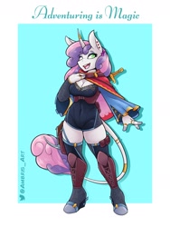 Size: 1800x2400 | Tagged: safe, artist:ambris, derpibooru import, sweetie belle, anthro, classical unicorn, unguligrade anthro, unicorn, adventuring is magic, alternate hairstyle, bard, belt, boots, breasts, cape, cleavage, clothes, cloven hooves, cute, diasweetes, dungeons and dragons, ear piercing, earring, eyeshadow, fantasy class, female, hoof boots, horn, horn ring, jewelry, leonine tail, makeup, minidress, older, older sweetie belle, one eye closed, pen and paper rpg, piercing, ring, rpg, shirt, shoes, solo, stockings, sword, tail, thigh boots, thigh highs, unshorn fetlocks, weapon, wink, zettai ryouiki