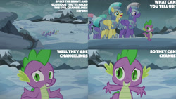 Size: 1280x720 | Tagged: safe, derpibooru import, edit, edited screencap, editor:quoterific, screencap, spike, dragon, pegasus, pony, season 6, the times they are a changeling, male, open mouth, royal guard, smiling, snow, stallion, text