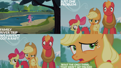 Size: 1280x720 | Tagged: safe, derpibooru import, edit, edited screencap, editor:quoterific, screencap, apple bloom, applejack, big macintosh, pinkie pie, earth pony, pony, pinkie apple pie, season 4, apple bloom's bow, applejack's hat, bipedal, bow, clothes, cowboy hat, female, filly, foal, hair bow, hat, male, mare, nose in the air, open mouth, open smile, smiling, stallion, text, uvula, volumetric mouth