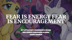 Size: 1280x720 | Tagged: safe, derpibooru import, edit, editor:quoterific, idw, fluttershy, rarity, twilight sparkle, twilight sparkle (alicorn), alicorn, pegasus, pony, unicorn, book, female, happy haunts, mare, open mouth, open smile, smiling, text, trio