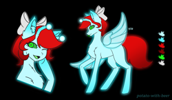 Size: 1991x1157 | Tagged: safe, artist:potato-with-beer, derpibooru import, oc, oc:cherry burst, original species, antennae, bow, bust, fluffy, full body, genderfluid, glowbug, glowbug wings, glowing, glowing antennae, glowing eyes, glowing hooves, glowing mane, glowing tail, green eyes, hair bow, nonbinary, portrait, reference sheet, tail