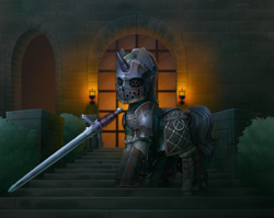 Size: 4000x3177 | Tagged: safe, artist:dipfanken, derpibooru import, oc, oc only, oc:apollyon, pony, unicorn, armor, castle, commission, fantasy, fire, for honor, glowing, glowing horn, high res, horn, knight, magic, magic aura, melee weapon, solo, steps, sword, telekinesis, unicorn oc, weapon