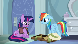 Size: 1280x720 | Tagged: safe, derpibooru import, screencap, rainbow dash, twilight sparkle, twilight sparkle (alicorn), alicorn, pony, stranger than fan fiction, book, safari hat, suitcase