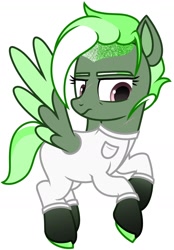 Size: 1368x1960 | Tagged: safe, artist:dancingkinfiend, derpibooru exclusive, derpibooru import, oc, oc only, oc:virulent conveyance, pegasus, pony, fanfic:pegasus device, fanfic:rainbow factory, g4, base, base used, caption, clothes, coat markings, colored hooves, colored wings, fanfic art, female, flying, green fur, hooves, image macro, lab coat, mare, multicolored hair, pegasus device, pegasus oc, scar, shaved mane, short hair, short mane, short tail, simple background, socks (coat marking), solo, solo female, spread wings, suit, tail, wings