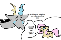 Size: 640x414 | Tagged: safe, artist:imiya, derpibooru import, discord, fluttershy, draconequus, pegasus, pony, crying, dark comedy, dialogue, female, implied death, male, mare, sad, simple background, solo, thought bubble, white background