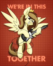 Size: 2112x2612 | Tagged: safe, artist:moonatik, derpibooru import, oc, oc only, oc:prince whateverer, pegasus, pony, abstract background, crown, electric guitar, flying, guitar, jewelry, looking at you, male, musical instrument, pegasus oc, regalia, solo, spread wings, stallion, text, wings