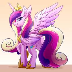 Size: 4000x4000 | Tagged: safe, artist:witchtaunter, derpibooru import, princess cadance, alicorn, pony, canterlot wedding 10th anniversary, bedroom eyes, butt, chest fluff, commission, commissioner:reversalmushroom, crown, dock, ear fluff, ears, female, gradient background, jewelry, lidded eyes, looking at you, looking back, looking back at you, mare, plot, rear view, regalia, smiling, smiling at you, solo, tail, wings