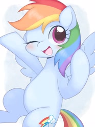 Size: 1523x2048 | Tagged: safe, artist:ginmaruxx, artist:kuzuyukuro, derpibooru import, rainbow dash, pegasus, pony, belly, blushing, cute, dashabetes, female, looking at you, mare, one eye closed, open mouth, open smile, smiling, smiling at you, solo, wings, wink, winking at you