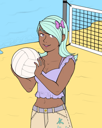 Size: 640x800 | Tagged: safe, artist:icicle-wicicle-1517, artist:toxiccolour, color edit, derpibooru import, edit, flitter, human, collaboration, ball, beach, belly button, belt, bow, bra, bra strap, clothes, colored, dark skin, female, hair bow, humanized, midriff, nail polish, net, ocean, open mouth, pole, sand, shorts, solo, sports, tanktop, underwear, volleyball, volleyball net, water