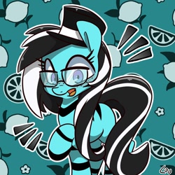 Size: 1500x1500 | Tagged: safe, artist:lou, derpibooru import, oc, oc only, oc:purapoint, earth pony, pony, background, blue pony, cute, earth pony oc, glasses, happy, hat, looking at you, male, multicolored eyes, ocbetes, raised hoof, raised leg, solo, stallion, top hat