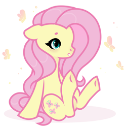 Size: 1280x1287 | Tagged: safe, artist:vi45, derpibooru import, fluttershy, butterfly, pony, blushing, ears, female, floppy ears, leaning back, looking at something, mare, open mouth, simple background, sitting, solo, three quarter view, white background, wingless