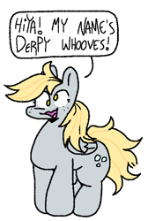 Size: 493x733 | Tagged: safe, artist:qoolguy, derpibooru import, derpy hooves, cross-eyed, looking at you, open mouth, simple background, solo, speech bubble, white background