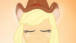 Size: 3410x1920 | Tagged: safe, derpibooru import, screencap, applejack, equestria girls, equestria girls (movie), cowboy hat, eyes closed, fall formal outfits, female, hat, high res, ponied up, solo