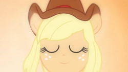 Size: 3410x1920 | Tagged: safe, derpibooru import, screencap, applejack, equestria girls, equestria girls (movie), cowboy hat, eyes closed, fall formal outfits, female, hat, high res, ponied up, smiling, solo