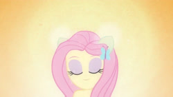 Size: 3410x1920 | Tagged: safe, derpibooru import, screencap, fluttershy, equestria girls, equestria girls (movie), bare shoulders, eyes closed, female, hairpin, high res, ponied up, sleeveless, smiling, solo, strapless