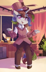 Size: 2618x4096 | Tagged: safe, artist:saxopi, derpibooru import, oc, oc only, semi-anthro, unicorn, bridge, ceiling fan, ceiling light, chair, inkwell, quill, solo, window