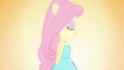 Size: 3410x1920 | Tagged: safe, derpibooru import, screencap, fluttershy, equestria girls, equestria girls (movie), bare shoulders, clothes, cutie mark on clothes, eyes closed, fall formal outfits, female, high res, ponied up, sleeveless, solo, strapless