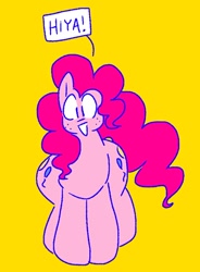 Size: 744x1013 | Tagged: safe, artist:qoolguy, derpibooru import, pinkie pie, earth pony, pony, blushing, dialogue, looking at you, simple background, solo, speech bubble, text, wide hips, yellow background