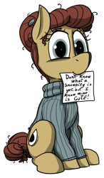 Size: 645x1105 | Tagged: safe, artist:thebathwaterhero, oc, oc only, oc:cellophane, earth pony, ponybooru collab 2022, clothes, earth pony oc, female, mare, mouth hold, simple background, sitting, snowpity, sweater, transparent background, turtleneck