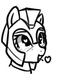 Size: 212x274 | Tagged: safe, artist:neuro, oc, oc only, earth pony, pony, armor, blushing, bust, female, guardsmare, heart, heart eyes, helmet, mare, monochrome, open mouth, portrait, royal guard, solo, wingding eyes