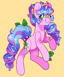 Size: 2259x2699 | Tagged: safe, artist:cocopudu, derpibooru import, oc, oc only, pony, unicorn, bandaid, commission, female, leaves, mare, simple background, smiling, solo, yellow background