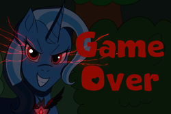 Size: 1620x1080 | Tagged: safe, artist:lullabyjak, derpibooru import, trixie, pony, unicorn, magic duel, alicorn amulet, commission, evil trixie, female, game over, glare, glowing, glowing eyes, grin, looking at you, mare, smiling, smirk, solo